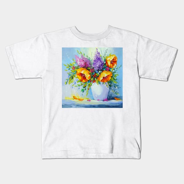 Bouquet of yellow flowers in a vase Kids T-Shirt by OLHADARCHUKART